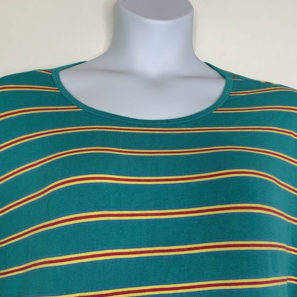 LulaRoe Women Blouse Size Medium Striped Green Yellow Short Sleeve Tunic Pullove - Picture 4 of 8